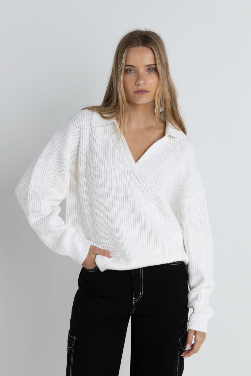 Muse V-Neck Collared Jumper White