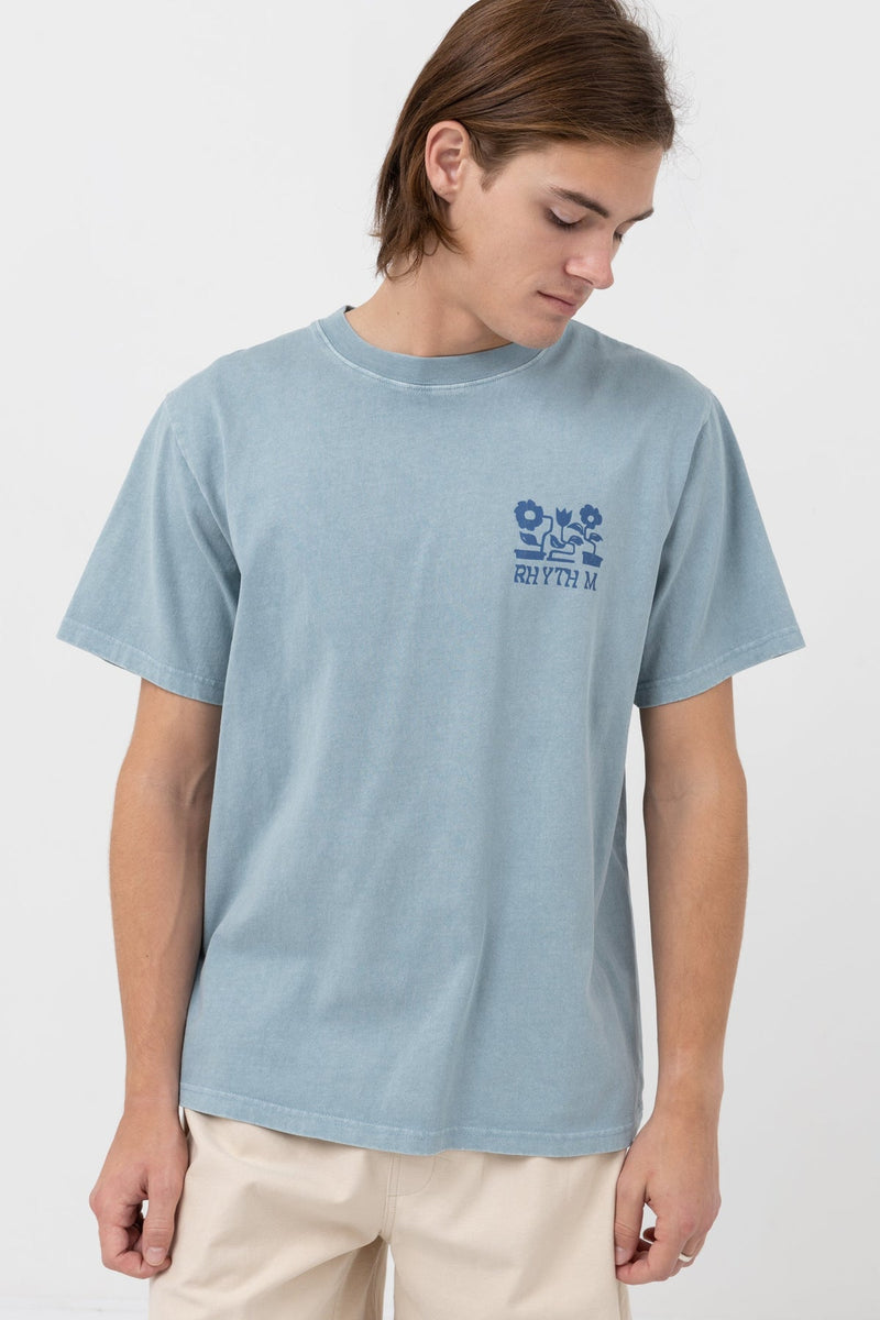 Flower Vintage Short Sleeve T-Shirt Blue Fog