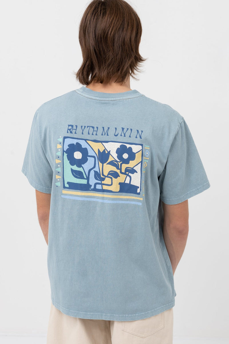 Flower Vintage Short Sleeve T-Shirt Blue Fog