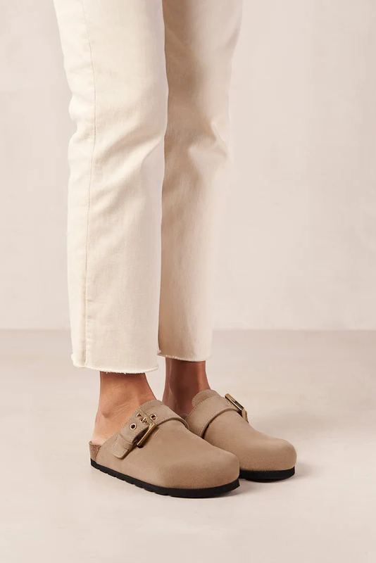 Cozy Suede Taupe Leather Clogs
