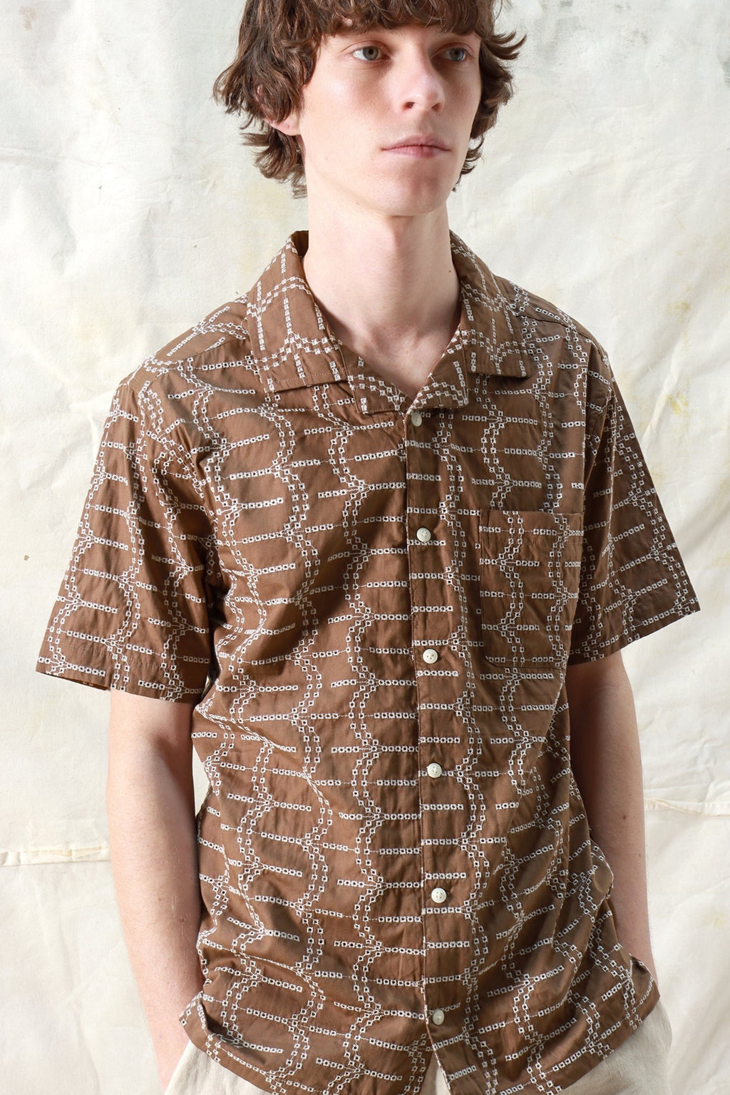 Stachio Short Sleeve Shirt Palm Tree Dobby Dark Brown – September