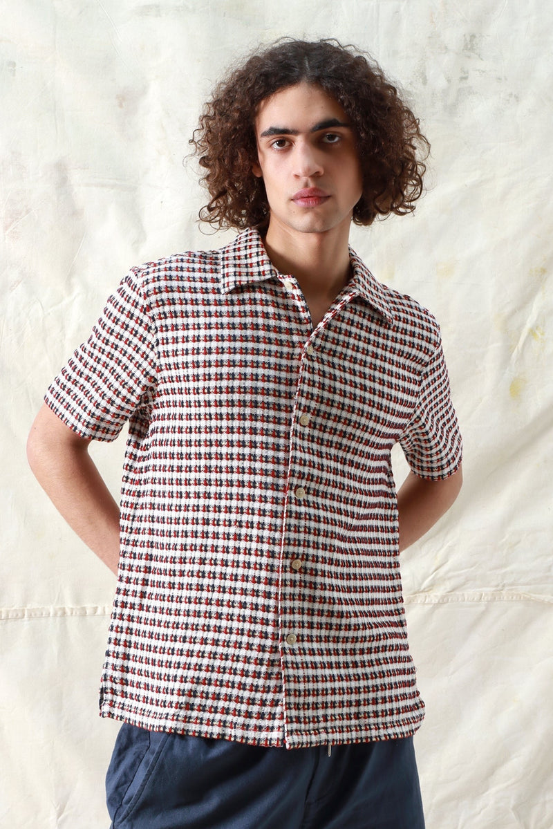 Busey Short Sleeve Shirt Dobby Check Deep Red Multi
