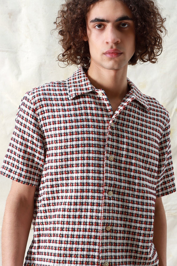 Busey Short Sleeve Shirt Dobby Check Deep Red Multi