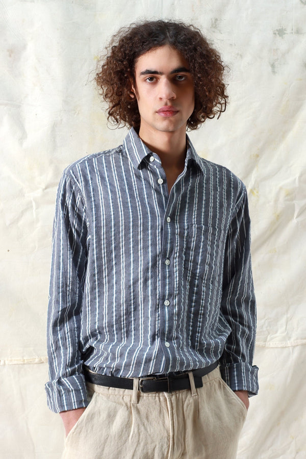 Classic Long Sleeve Shirt Helio Stripe Seersucker Navy