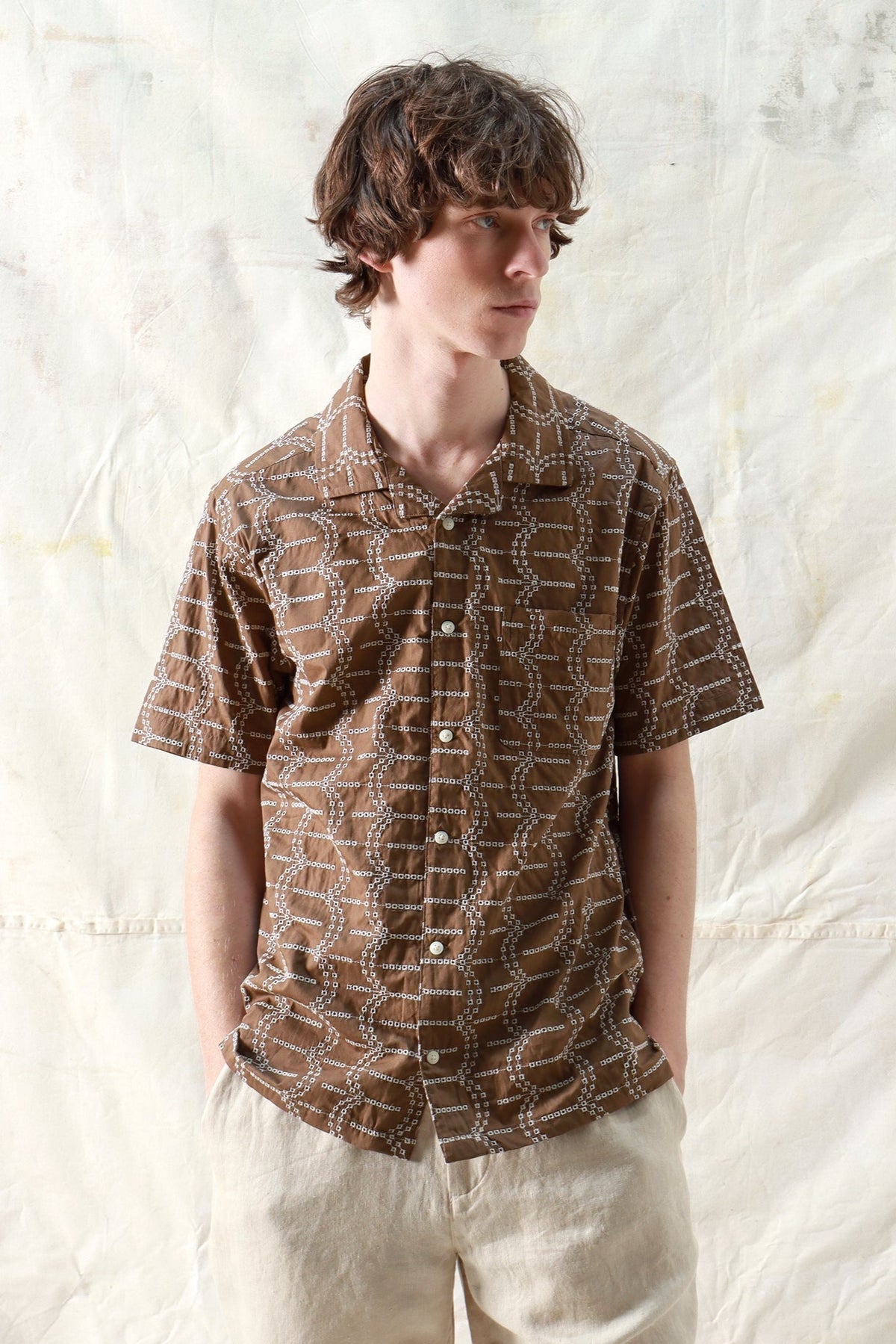 Stachio Short Sleeve Shirt Palm Tree Dobby Dark Brown – September