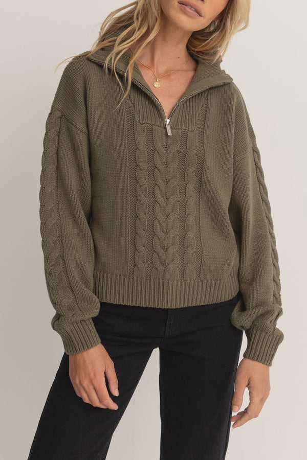 Cable Knit Vintage Zip Olive