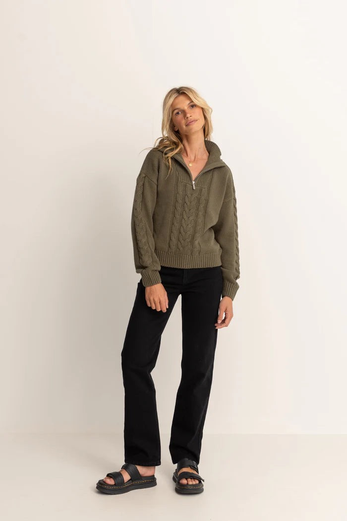 Cable Knit Vintage Zip Olive