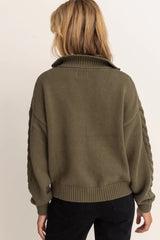 Cable Knit Vintage Zip Olive
