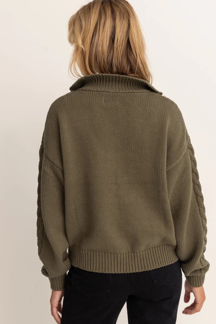 Cable Knit Vintage Zip Olive