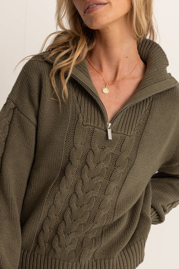 Cable Knit Vintage Zip Olive